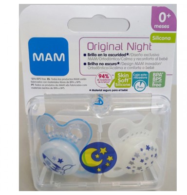 MAM CHUPETE ORIGINAL NIGHT SILICONA +0M 2 UNIDADES AZUL