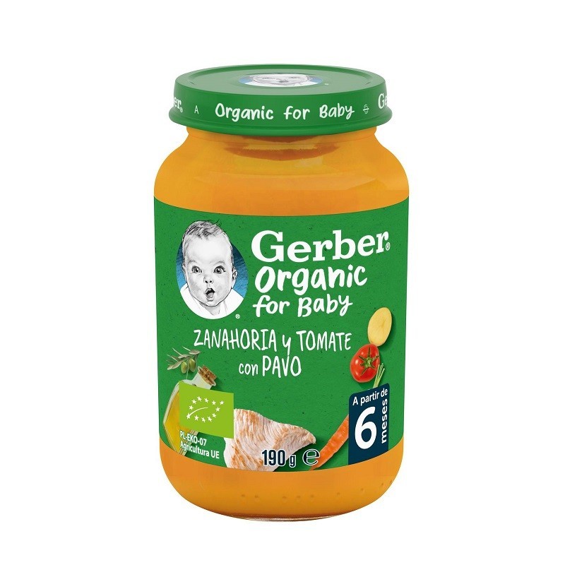 GERBER ORGANIC TARRITO DE PURÉ DE ZANAHORIA, TOMATE Y PAVO 190G