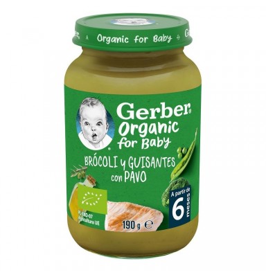 GERBER ORGANIC PURÉ ECOLÓGICO BRÓCOLI Y GUISANTES CON PAVO +6 MESES 190GR