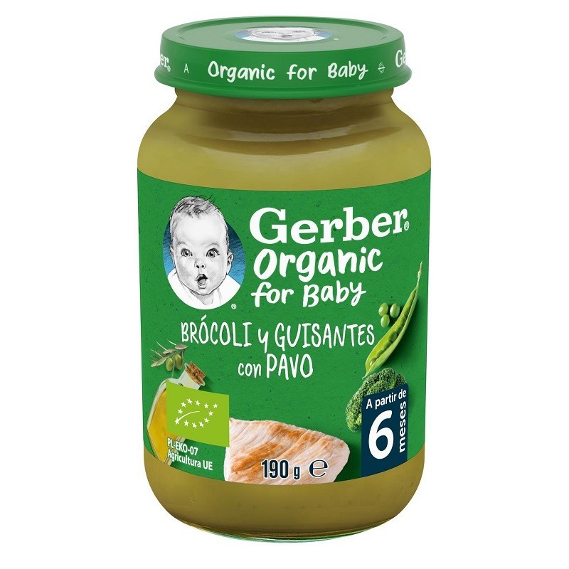 GERBER ORGANIC PURÉ ECOLÓGICO BRÓCOLI Y GUISANTES CON PAVO +6 MESES 190GR