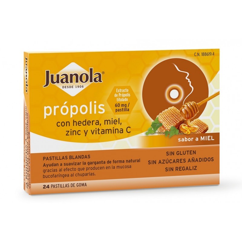 JUANOLA PRÓPOLIS CON HEDERA, MIEL, ZINC Y VIT C SABOR MIEL 24 PASTILLAS BLANDAS