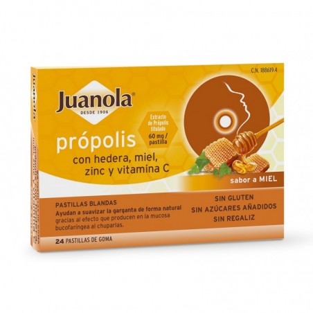  JUANOLA PRÓPOLIS CON HEDERA, MIEL, ZINC Y VIT C SABOR MIEL 24 PASTILLAS BLANDAS 