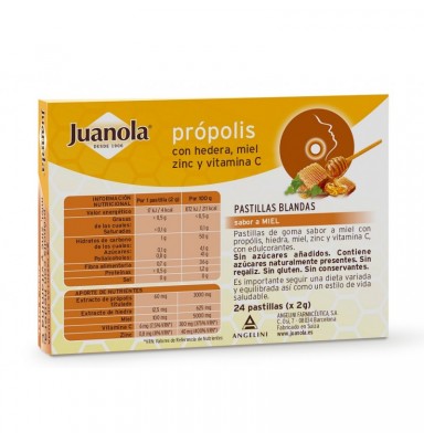 JUANOLA PRÓPOLIS CON HEDERA, MIEL, ZINC Y VIT C SABOR MIEL 24 PASTILLAS BLANDAS