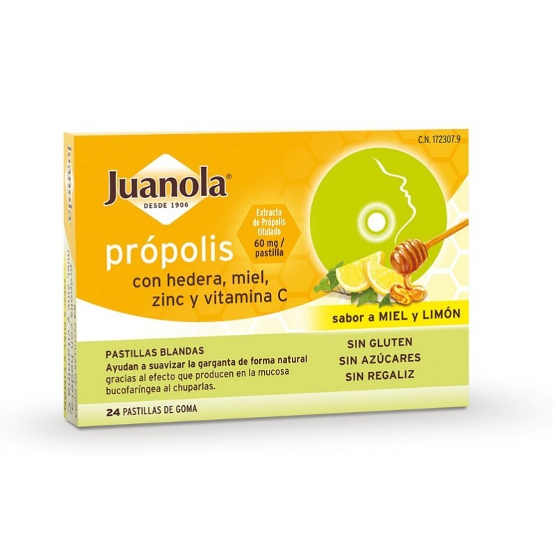 JUANOLA PRÓPOLIS CON HEDERA, MIEL, ZINC Y VIT C SABOR MIEL Y LIMÓN 24 PASTILLAS BLANDAS