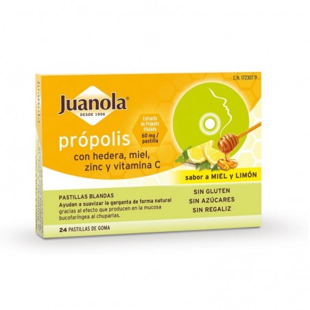  JUANOLA PRÓPOLIS CON HEDERA, MIEL, ZINC Y VIT C SABOR MIEL Y LIMÓN 24 PASTILLAS BLANDAS 