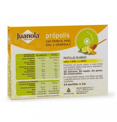 JUANOLA PRÓPOLIS CON HEDERA, MIEL, ZINC Y VIT C SABOR MIEL Y LIMÓN 24 PASTILLAS BLANDAS