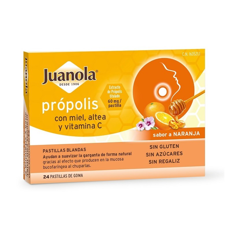 JUANOLA PRÓPOLIS CON MIEL, ALTEA Y VIT C SABOR NARANJA 24 PASTILLAS BLANDAS