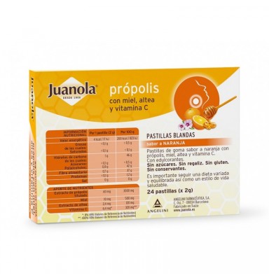 JUANOLA PRÓPOLIS CON MIEL, ALTEA Y VIT C SABOR NARANJA 24 PASTILLAS BLANDAS