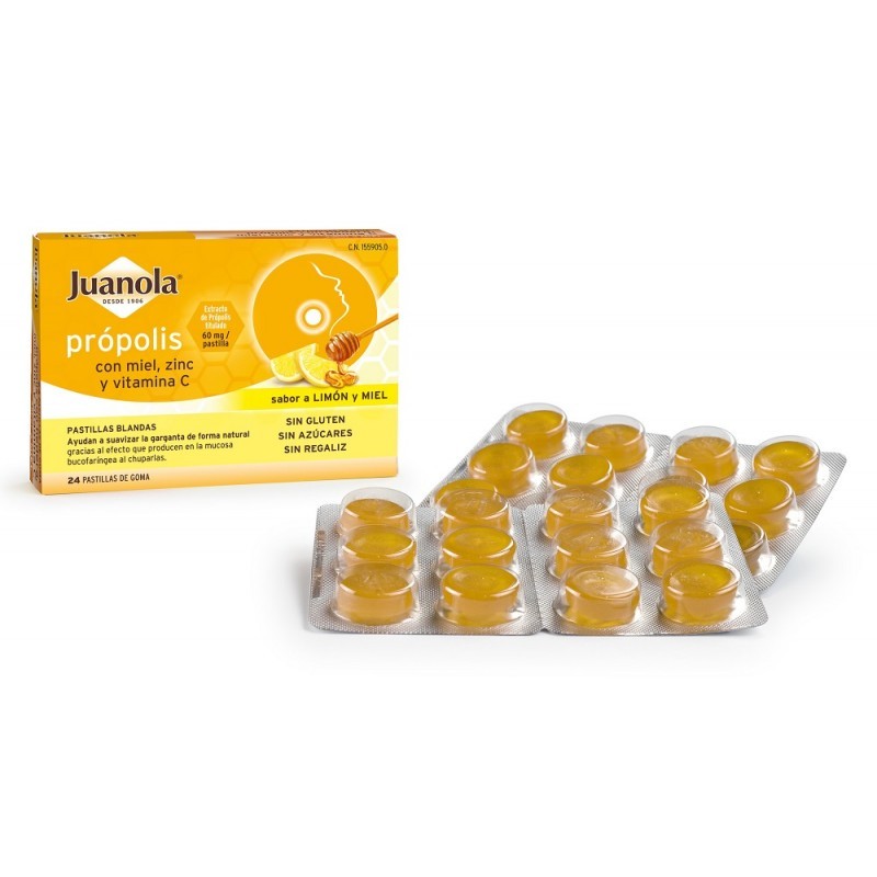 JUANOLA PRÓPOLIS CON MIEL, ZINC Y VIT C SABOR LIMÓN Y MIEL 24 PASTILLAS BLANDAS