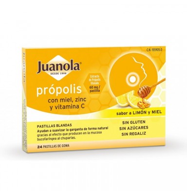 JUANOLA PRÓPOLIS CON MIEL, ZINC Y VIT C SABOR LIMÓN Y MIEL 24 PASTILLAS BLANDAS