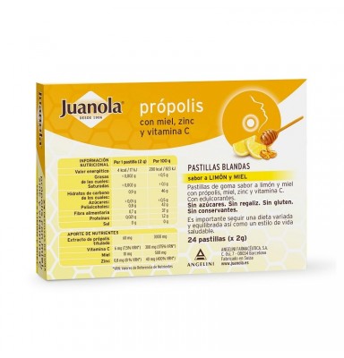 JUANOLA PRÓPOLIS CON MIEL, ZINC Y VIT C SABOR LIMÓN Y MIEL 24 PASTILLAS BLANDAS