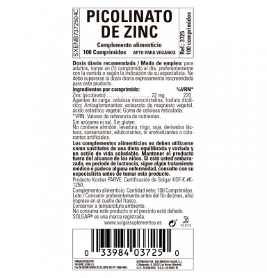 SOLGAR ZINC PICOLINATO 22MG 100 COMPRIMIDOS