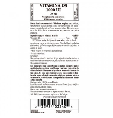 SOLGAR VITAMINA D3 1000IU (25ΜG) 100 CÁPSULAS BLANDAS