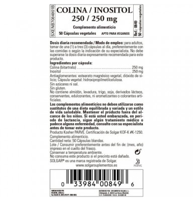 SOLGAR COLINA/INOSITOL 250 MG 50 VCAPS