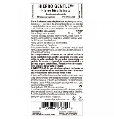 SOLGAR HIERRO GENTLE 20MG (180 CÁPSULAS VEGETALES)