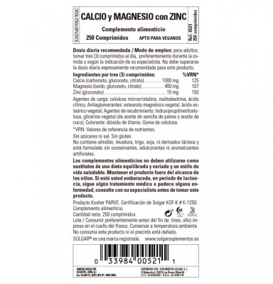 SOLGAR CALCIO Y MAGNESIO CON ZINC 250 COMPRIMIDOS