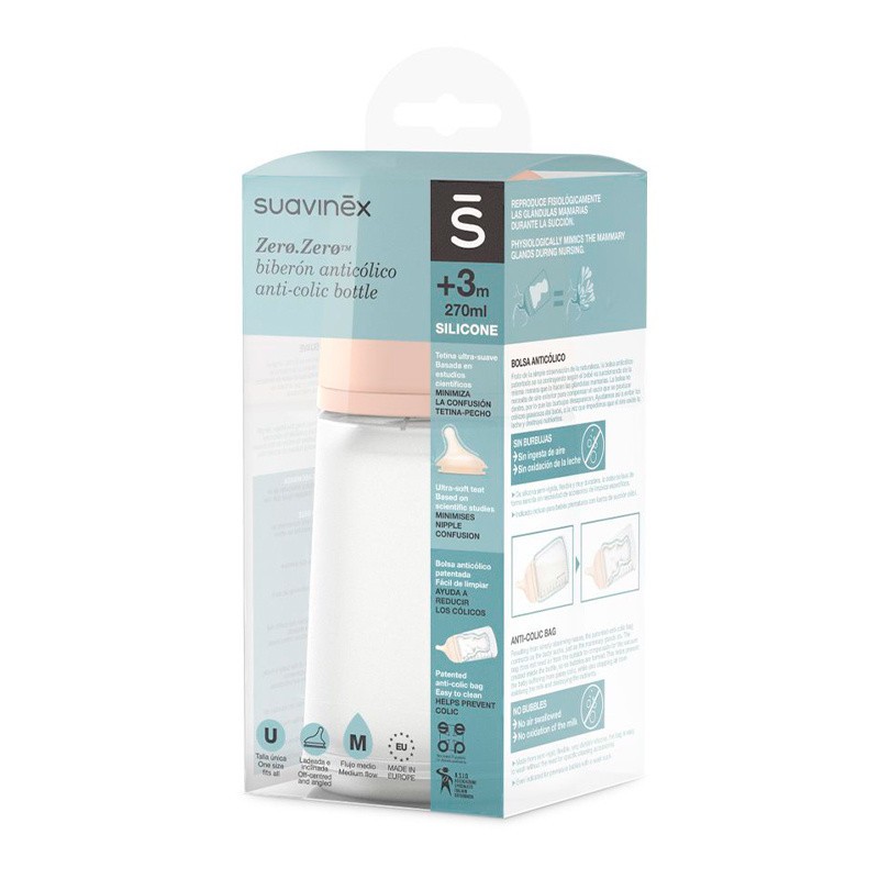 SUAVINEX ZERO.ZERO BIBERON ANTICOLICO TETINA SILICONA FLUJO MEDIO +3 MESES 270ML SUAVINEX ZERO.ZERO BIBERON ANTICOLICO TETINA SILICONA FLUJO MEDIO +3 MESES 270ML