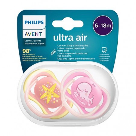  CHUPETE SILICONA ORTODONTICO PHILIPS AVENT ULTRA AIR 6 - 18 MESES 2 UNIDADES NIÑA SCF085/04 