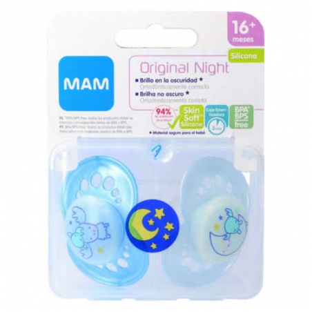  MAM ORIGINAL NIGHT CHUPETE SILICONA FISIOLOGICO +16 MESES 2 UNIDADES AZUL 