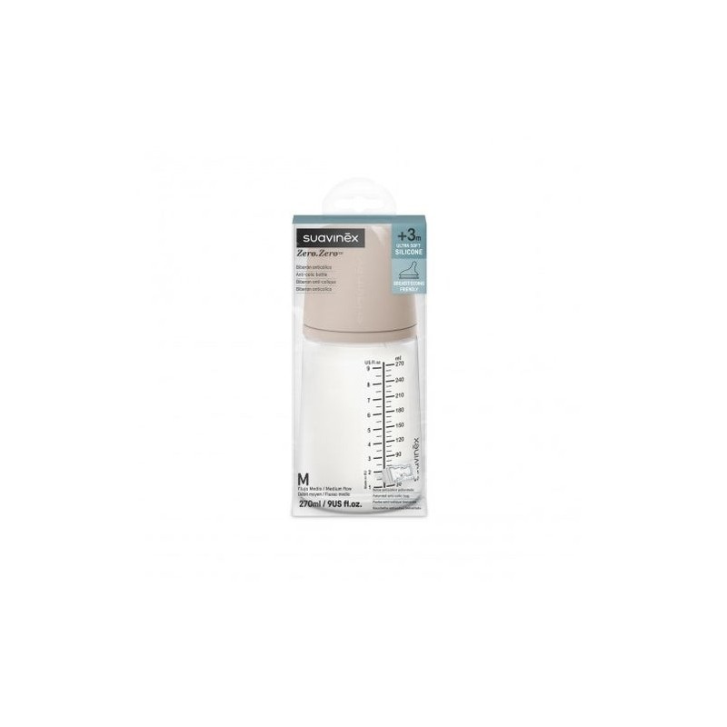 SUAVINEX BIBERON ANTICOLICO TETINA SILICONA FLUJO MEDIO +3 M 270 ML ALMOND