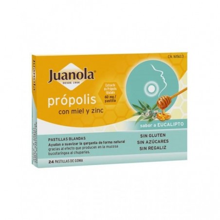  JUANOLA PROPOLIS MIEL Y ZINC 24 PASTILLAS DE GOMA SABOR EUCALIPTO 