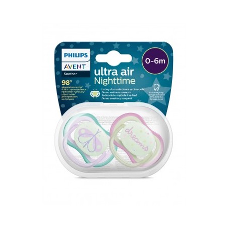  CHUPETE SILICONA PHILIPS AVENT ULTRA AIR NOCTURNO 0 - 6 MESES 2 UNIDADES NIÑA 