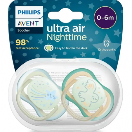  CHUPETE SILICONA PHILIPS AVENT ULTRA AIR NOCTURNO 0 - 6 MESES 2 UNIDADES NIÑO 