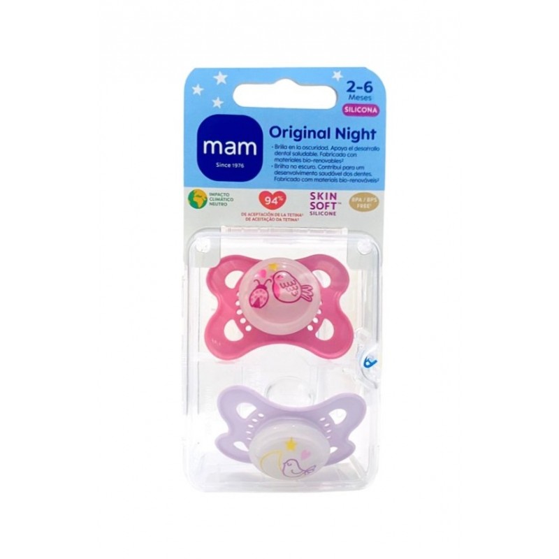 MAM ORIGINAL NIGHT CHUPETE SILICONA FISIOLOGICO + 6 MESES 2 UNIDADES COLOR ROSA MAM ORIGINAL NIGHT CHUPETE SILICONA FISIOLOGICO + 6 MESES 2 UNIDADES COLOR ROSA