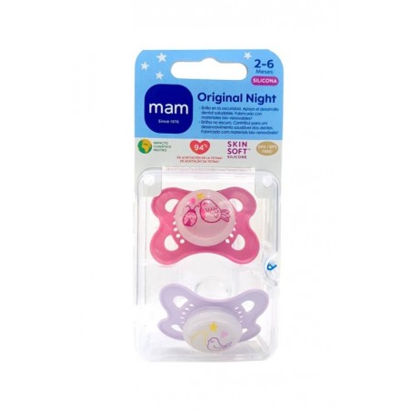  MAM ORIGINAL NIGHT  CHUPETE SILICONA FISIOLOGICO + 6 MESES 2 UNIDADES COLOR ROSA 