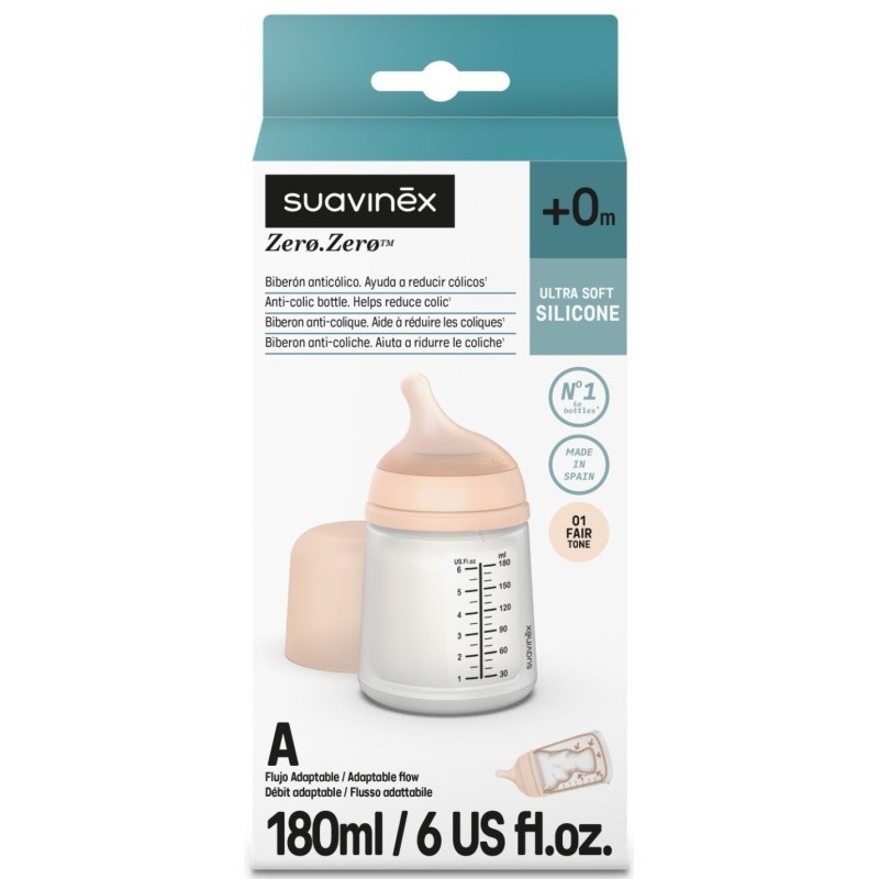 Suavinex Zero.Zero Biberón Anticólico Silicona +0 Meses Flujo S 180 ml
