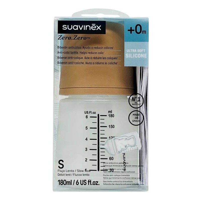 Suavinex Biberón Anticólico Silicona Flujo Adaptable +0 Meses 180 ml Almond